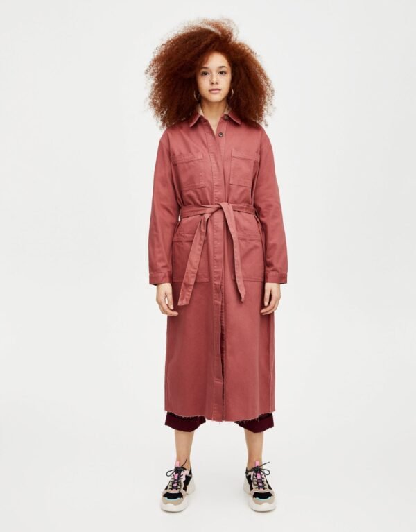 Long Denim Trench Coat With Belt - Image 4